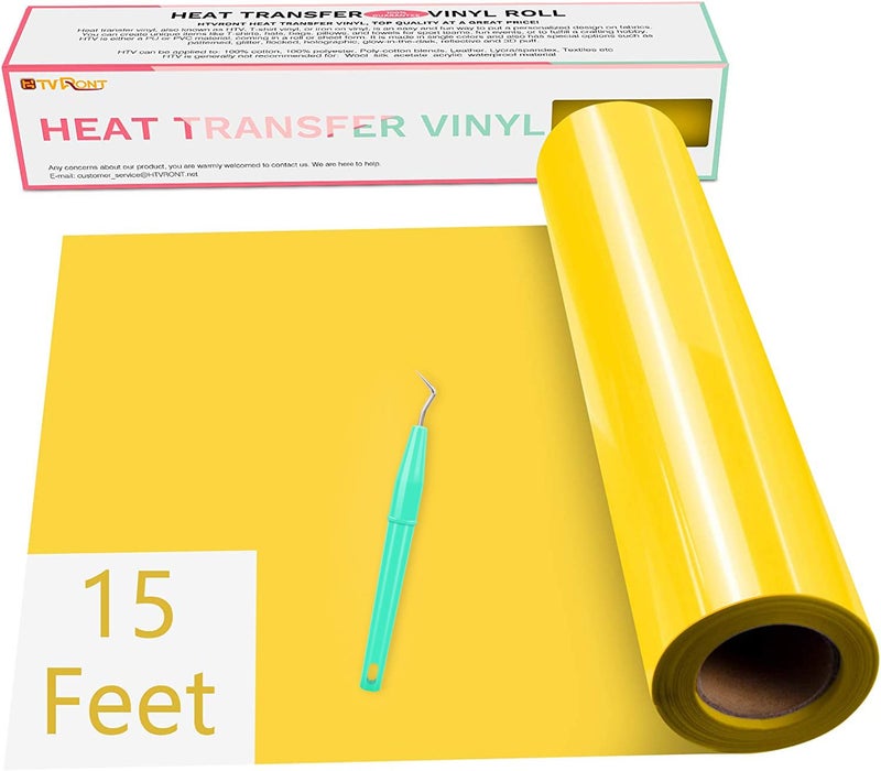 HTVRONT Yellow HTV Vinyl Rolls Heat Transfer Vinyl - 12" x 15ft Yellow HTV Vinyl for Shirts, Yellow Iron on Vinyl for All Cutting Machines - Easy to Cut & Weed for Heat Vinyl Design (Yellow) - Image 1